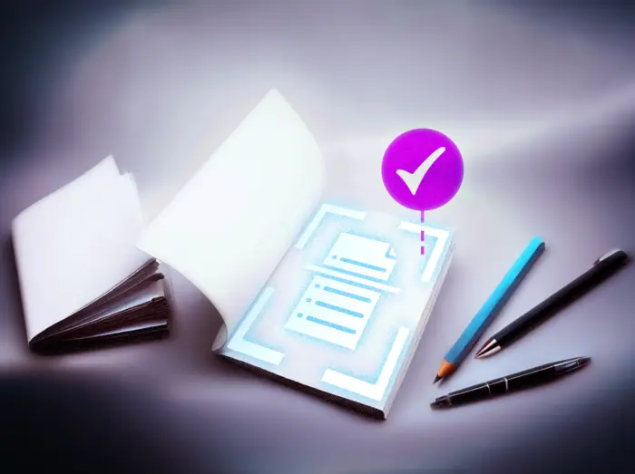 Illustration: Aufgeschlagenes Notizbuch mit digital leuchtendem Formular auf einer Seite und einem violetten Häkchen-Symbol darüber, flankiert von einem Bleistift und einem Kugelschreiber – symbolisiert digitale Zertifizierung oder Prüfung.