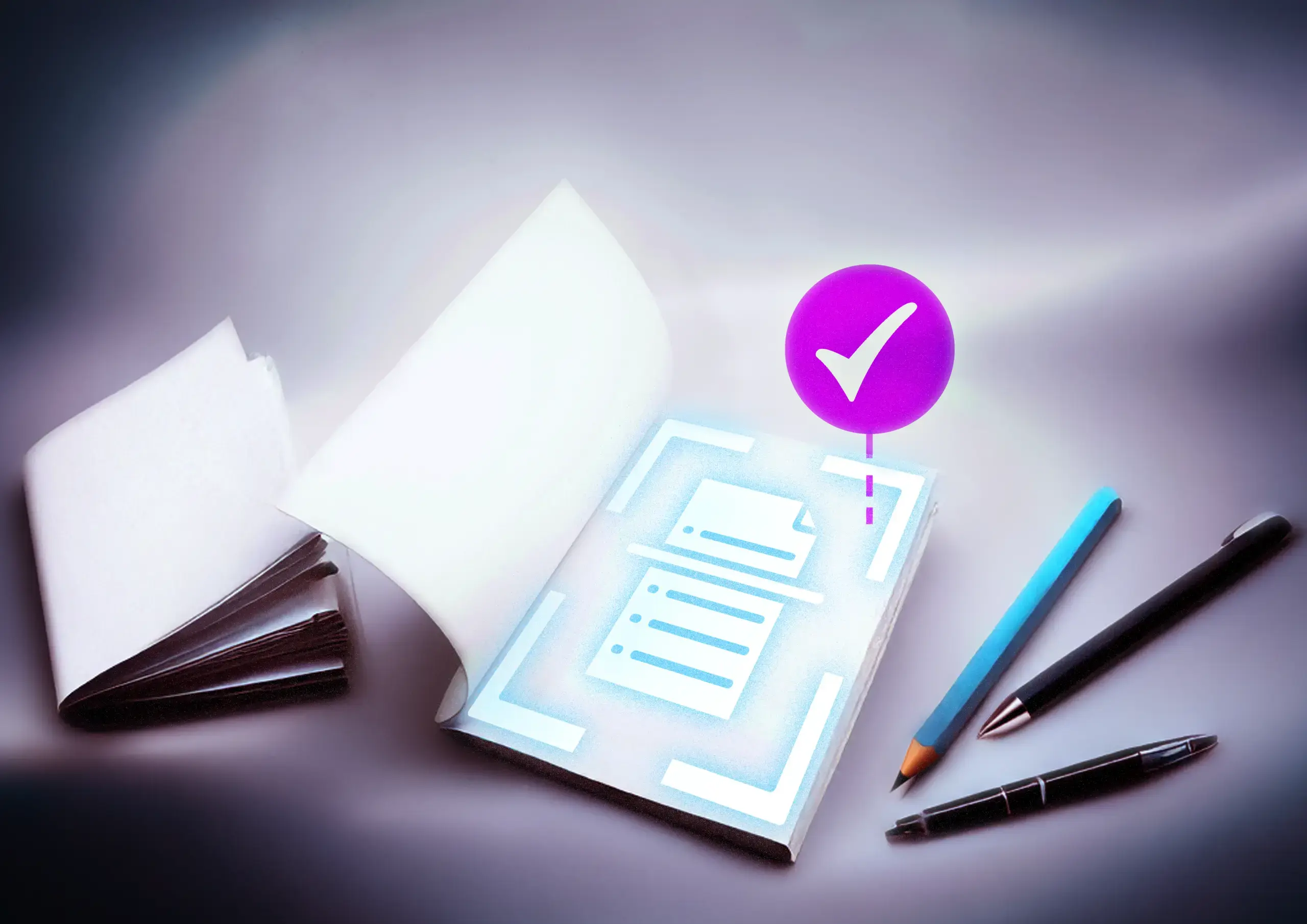 Illustration: Aufgeschlagenes Notizbuch mit digital leuchtendem Formular auf einer Seite und einem violetten Häkchen-Symbol darüber, flankiert von einem Bleistift und einem Kugelschreiber – symbolisiert digitale Zertifizierung oder Prüfung.