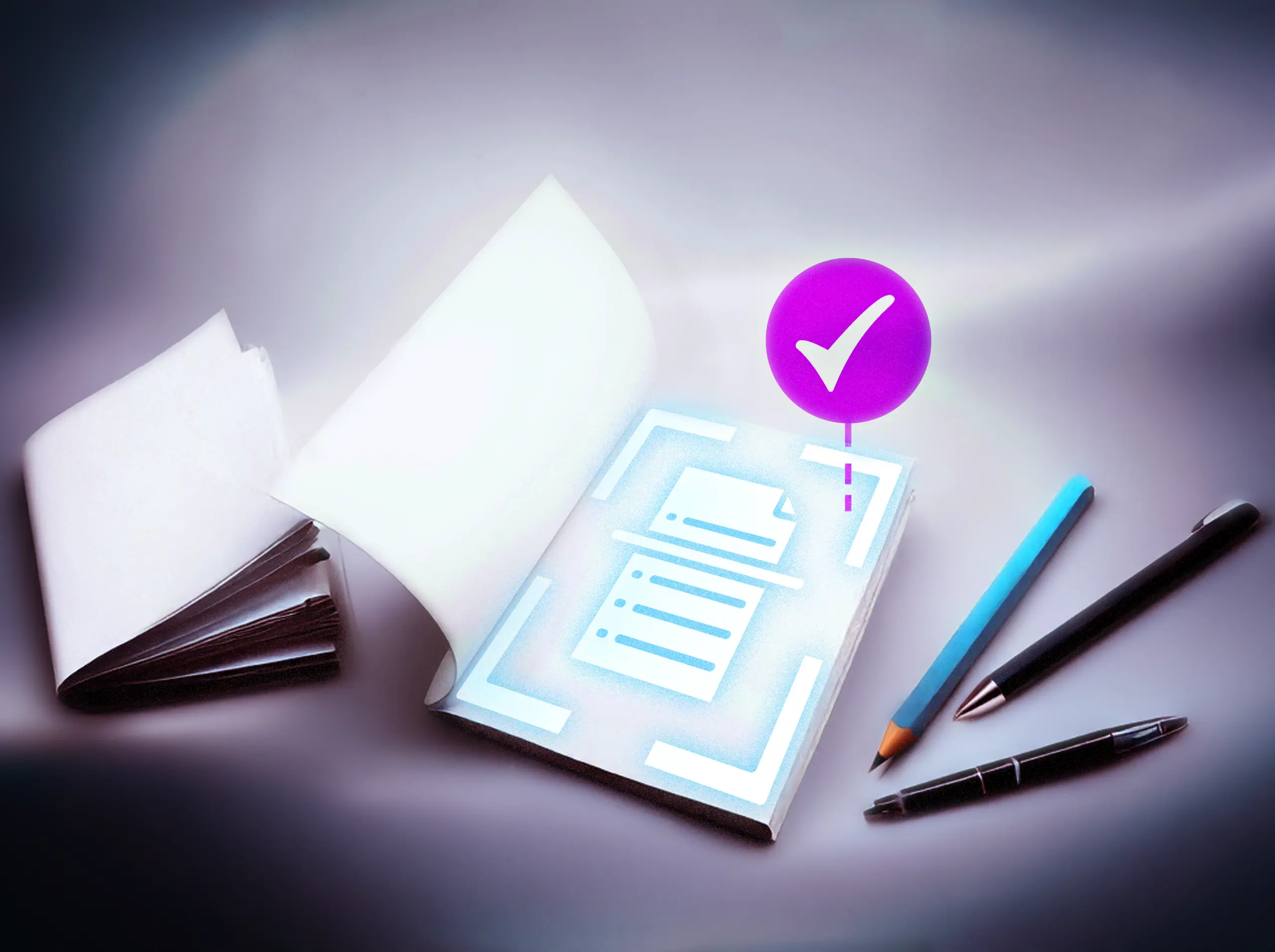 Titelbild des Seminars Rechtssicheres Scannen im öffentlichen Dienst Illustration: Aufgeschlagenes Notizbuch mit digital leuchtendem Formular auf einer Seite und einem violetten Häkchen-Symbol darüber, flankiert von einem Bleistift und einem Kugelschreiber – symbolisiert digitale Zertifizierung oder Prüfung.